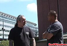 Amsterdam hooker boldly deepthroats tourist cock with puffy shaved pussy fingering