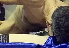 french slut in satin red dress takes doggystyle ass lick to mouth