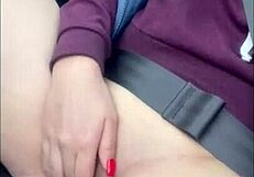 Milf masturbates juicy shaved pussy to orgasm while driving her car