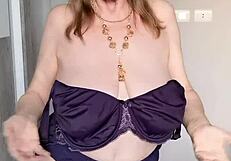 whoa look at this busty mature milf in stockings flashing shaved pussy closeup while masturbating