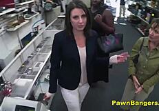 milf customer bends over desk takes huge cock in hairy pussy cash