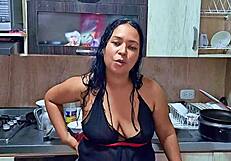 horny stepmom squirts in kitchen before stepson