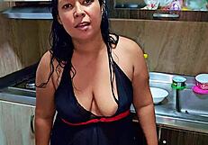 horny stepmom squirts in kitchen before stepson