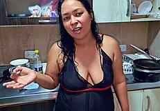 horny stepmom squirts in kitchen before stepson