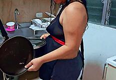 horny stepmom squirts in kitchen before stepson