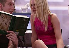 skinny freckled blonde seduces classmate's long cock alone