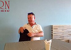 Guest Devours Naked Waitress's Navel in Restaurant Teaser!