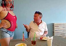 Guest Devours Naked Waitress's Navel in Restaurant Teaser!
