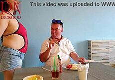 Guest Devours Naked Waitress's Navel in Restaurant Teaser!