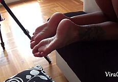 Blissful rush jerking off exploding cum on Camilla's perfect feet