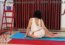 Regina Noir feels free nude in white panties, flowing through gym yoga poses.