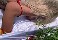 blonde teases ass with toy watching husband fuck stepdaughter in lingerie