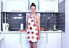 come closer and watch this young euro teen finger her wet hairy pussy in the kitchen