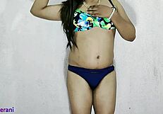 Indian shemale in blue bikini crossdresses with big cock tease