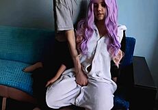 purple haired cutie loves slurping my huge pierced cock