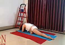 Regina Noir feels free nude in white panties, flowing through gym yoga poses.