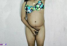 Indian shemale in blue bikini crossdresses with big cock tease
