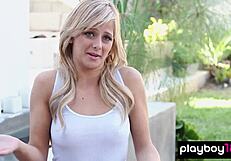 petite blonde audrey allen strips teases shaved pussy reveals natural big tits