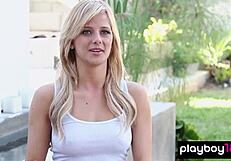 petite blonde audrey allen strips teases shaved pussy reveals natural big tits