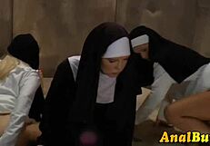 Round ass lesbian nun fingers gaping pussy and ass with fetish dildo toys