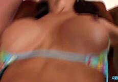 Why does this Asian whore's fake tits bounce while deepthroating cock?