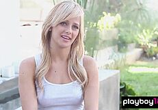 petite blonde audrey allen strips teases shaved pussy reveals natural big tits