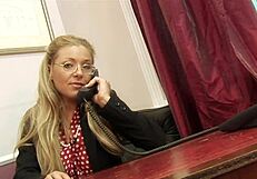 Blonde MILF Lesbians Strap-On Fuck Shaved Pussies in Fishnet Heels at Office