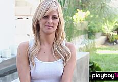 petite blonde audrey allen strips teases shaved pussy reveals natural big tits