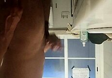guy sneaks bathroom solo stroke session caught mid masturbation