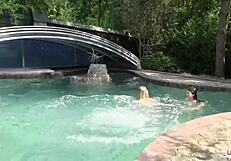 Blonde brunette teen lesbians finger lick shaved pussies poolside outdoors
