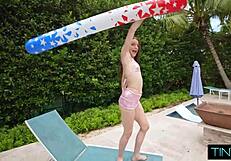 poolside babe soaks sun then takes monster cock deep