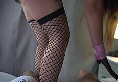 Cleaning lady massages then licks her own cum-filled pussy after hot roleplay suck