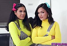 lucky stepbrother tastes hot stepsisters' pussies in 3some