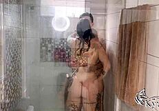 young stud loses control spanking big tit blonde in steamy shower