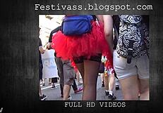 festivass tight miniskirt reveals thong panties in public leggings