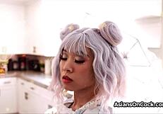 hey asian babe sips tea then gags deep on monster cock