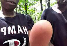 submissive black babe chokes on deepthroat spit in forest ass lick