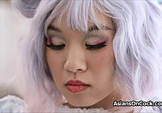 hey asian babe sips tea then gags deep on monster cock