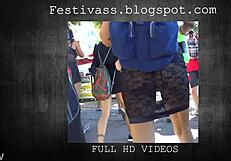 festivass tight miniskirt reveals thong panties in public leggings