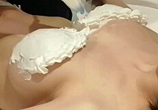 homemade cream decorated bra on my busty girlfriend's big tits