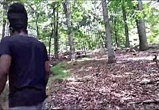 submissive black babe chokes on deepthroat spit in forest ass lick