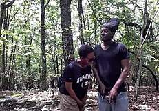 submissive black babe chokes on deepthroat spit in forest ass lick