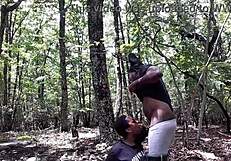 submissive black babe chokes on deepthroat spit in forest ass lick