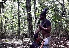 submissive black babe chokes on deepthroat spit in forest ass lick