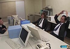 asian maid bends over for boss blowjobs then rides friends doggystyle facial