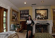 stepmom teaches stepdaughter huge cock sucking in ffm addams cosplay