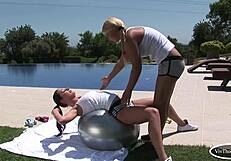 lesbian blondes and brunettes finger lick pussies masturbate to orgasm by pool