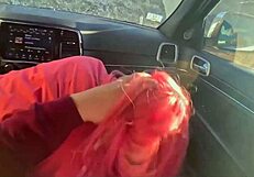 Asian slut slurps huge cock deepthroat in car then swallows massive cumshot