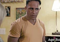 Watch older milf gag deep on young stud's meat to soak her mature pussy