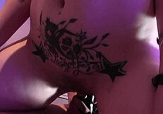 two horny tattooed big tits brunettes lick feet then fuck with strapon in bdsm